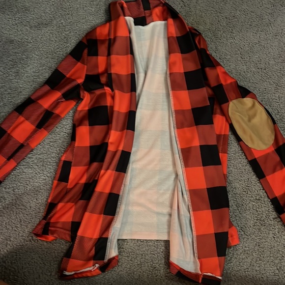 Buffalo Plaid Cardigan | Long Sleeve | Faux Leather Elbow Patch | Open Front - Picture 4 of 6